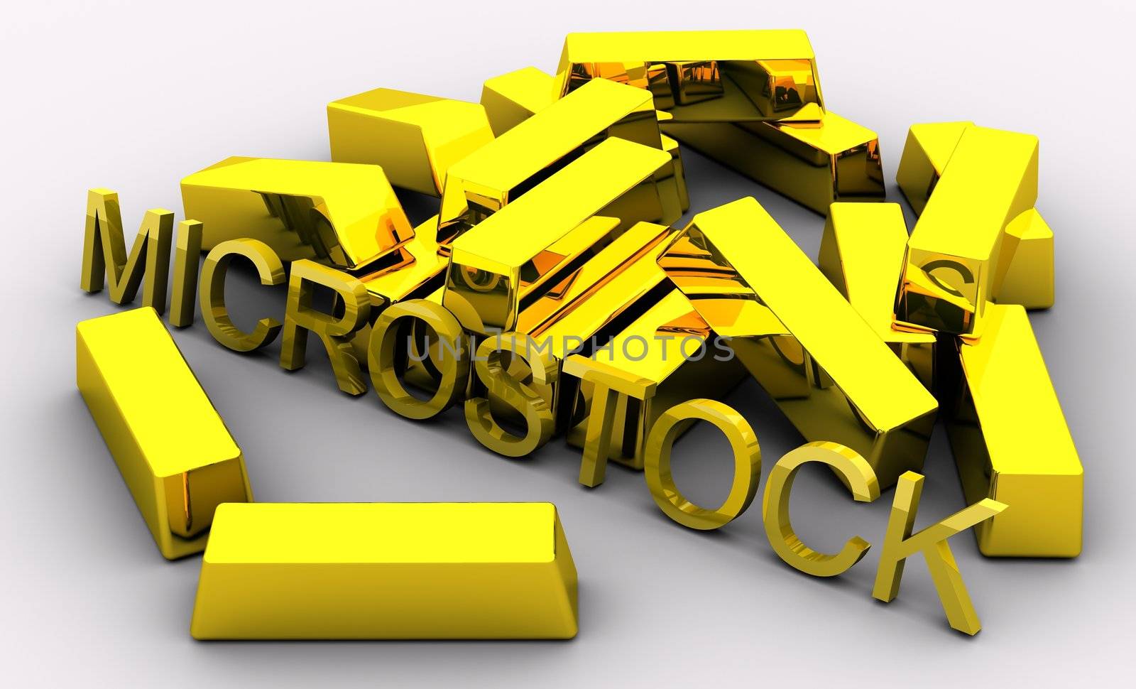 Metaphoric concept of getting fortunate by submitting and selling stock images at microstock agencies. Idea is emphasized by golden microstock text displayed near pile of gold bricks. Scene rendered and isolated on white background.