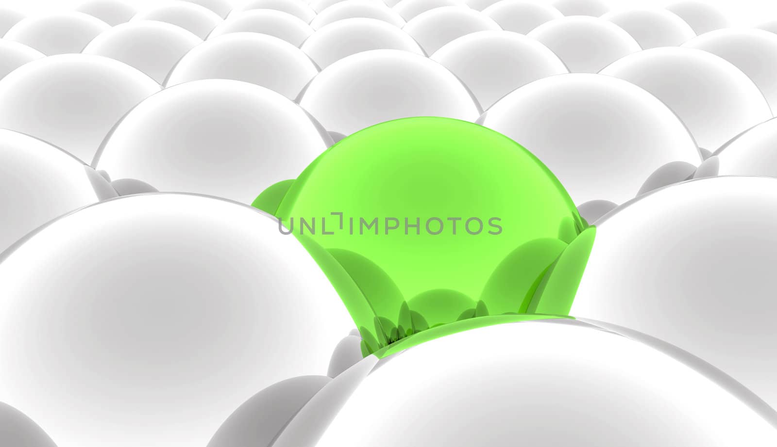 Set of abstract metal balls of grey color and one contrast green
