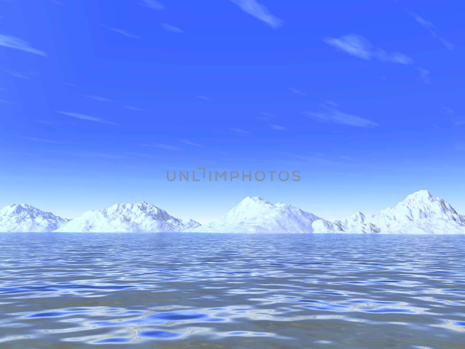 snow-white cold mountains on a background marine waves and sky