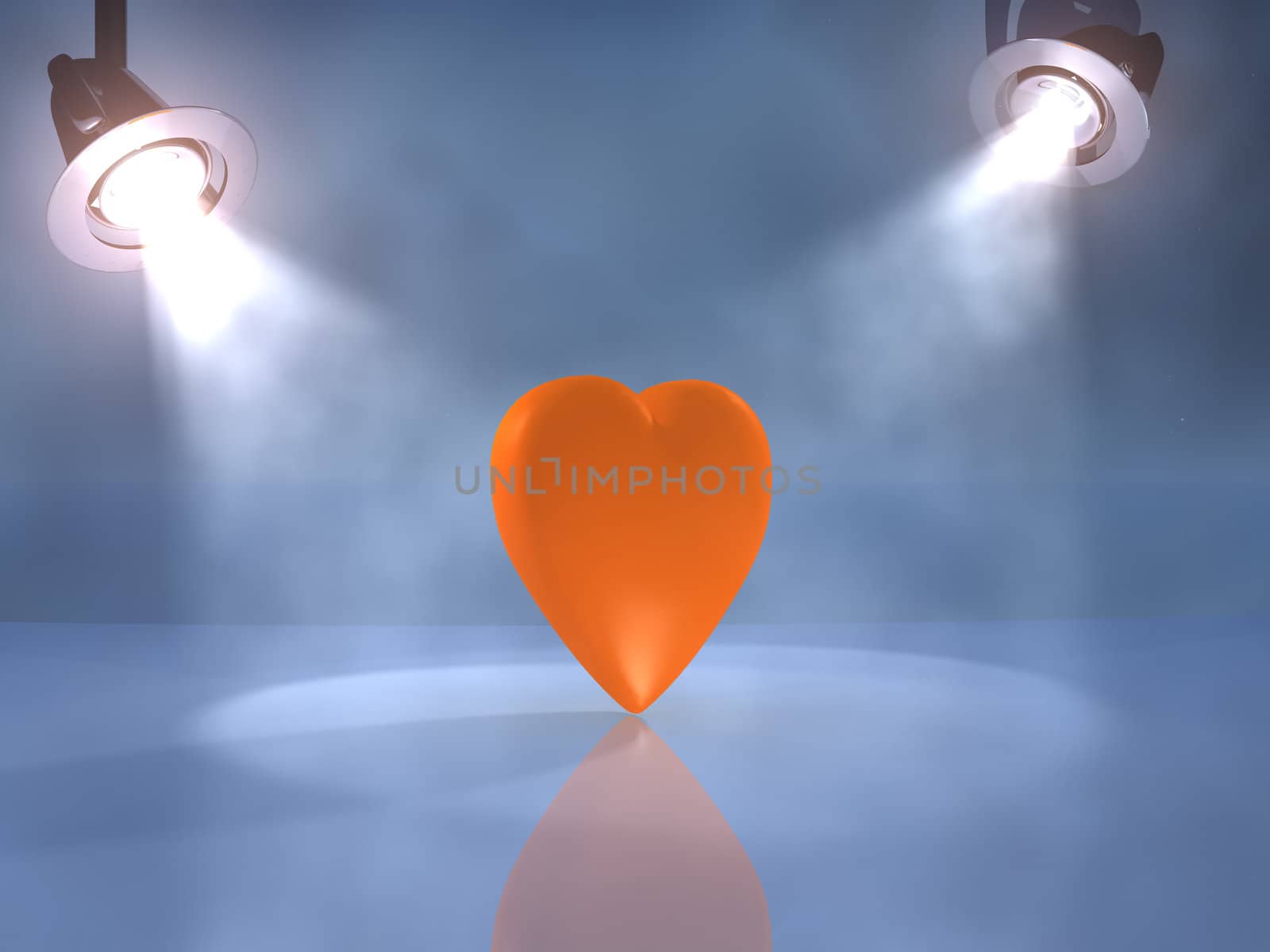 Orange heart on the foggy stage, shined by bright multi-coloured lights