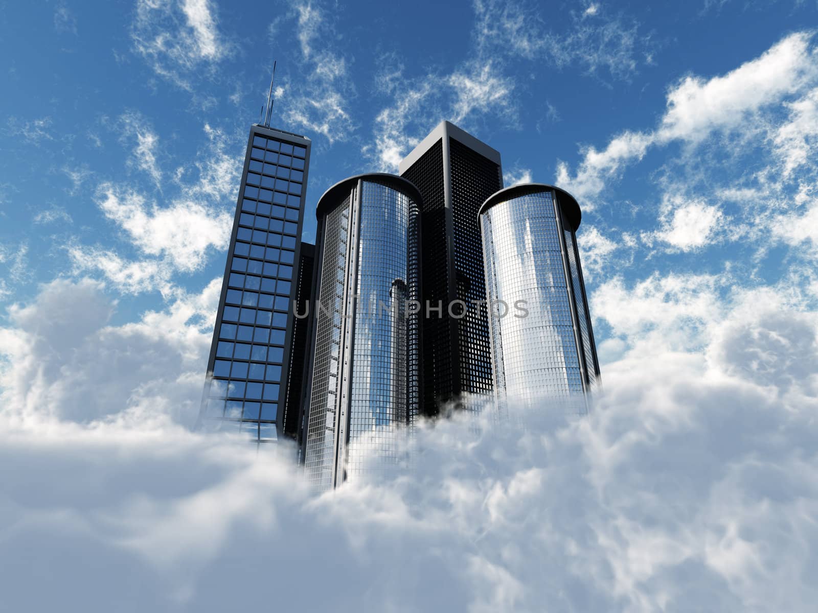 Flying skyscrapers of the big city on a background of the blue sky