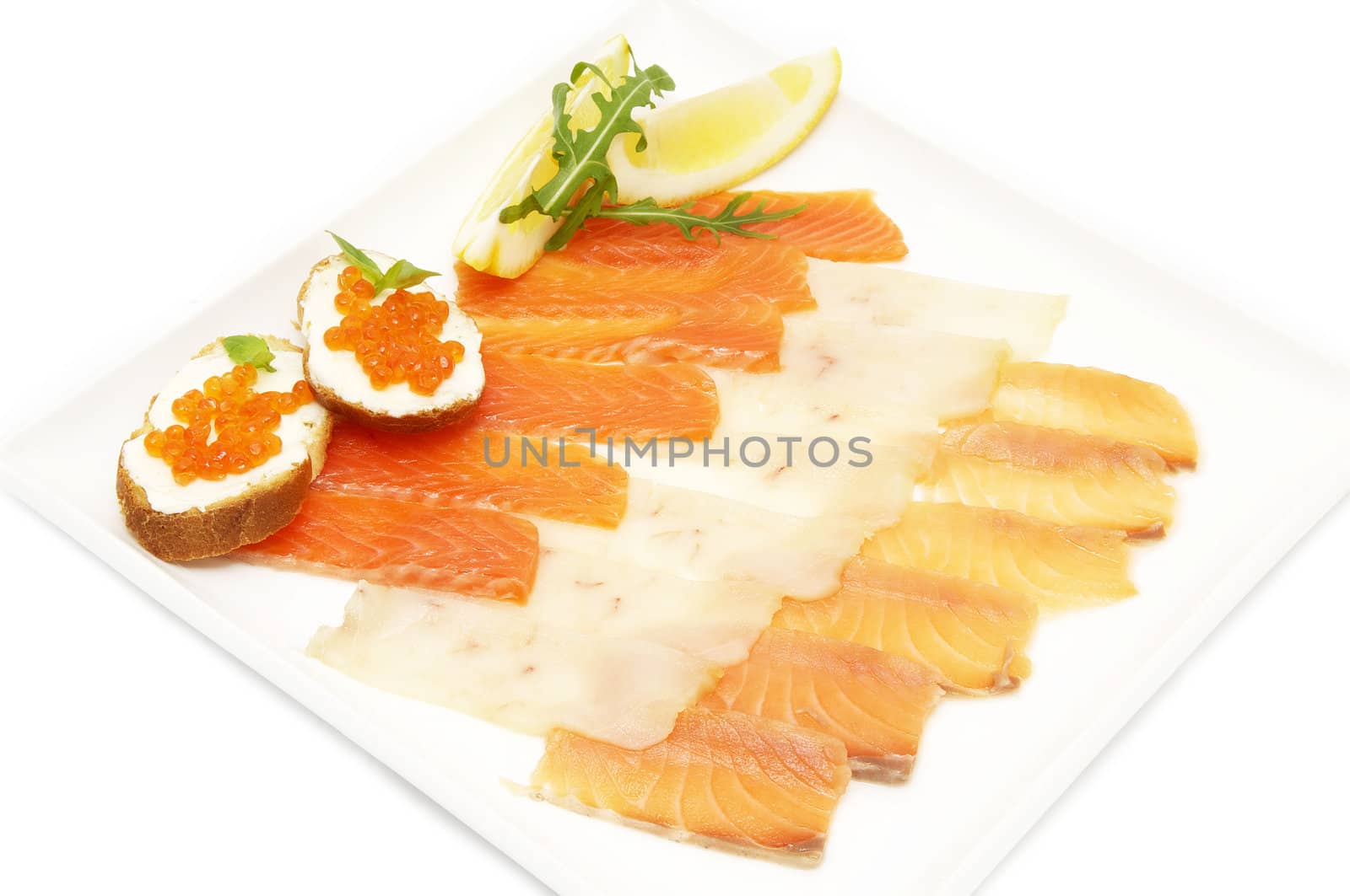 fish and caviar sandwiches on white background