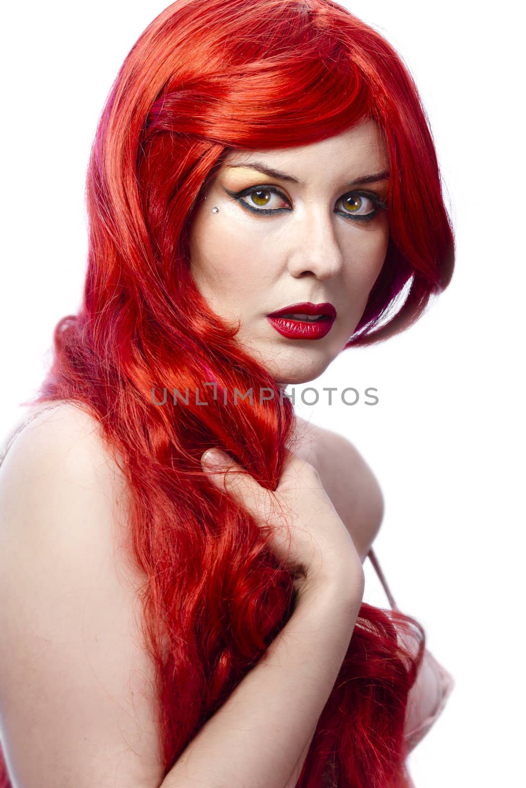 Closeup portrait of a beautiful spanish young woman with elegant long red shiny hair , hairstyle , isolated on white background , healthy straight hair