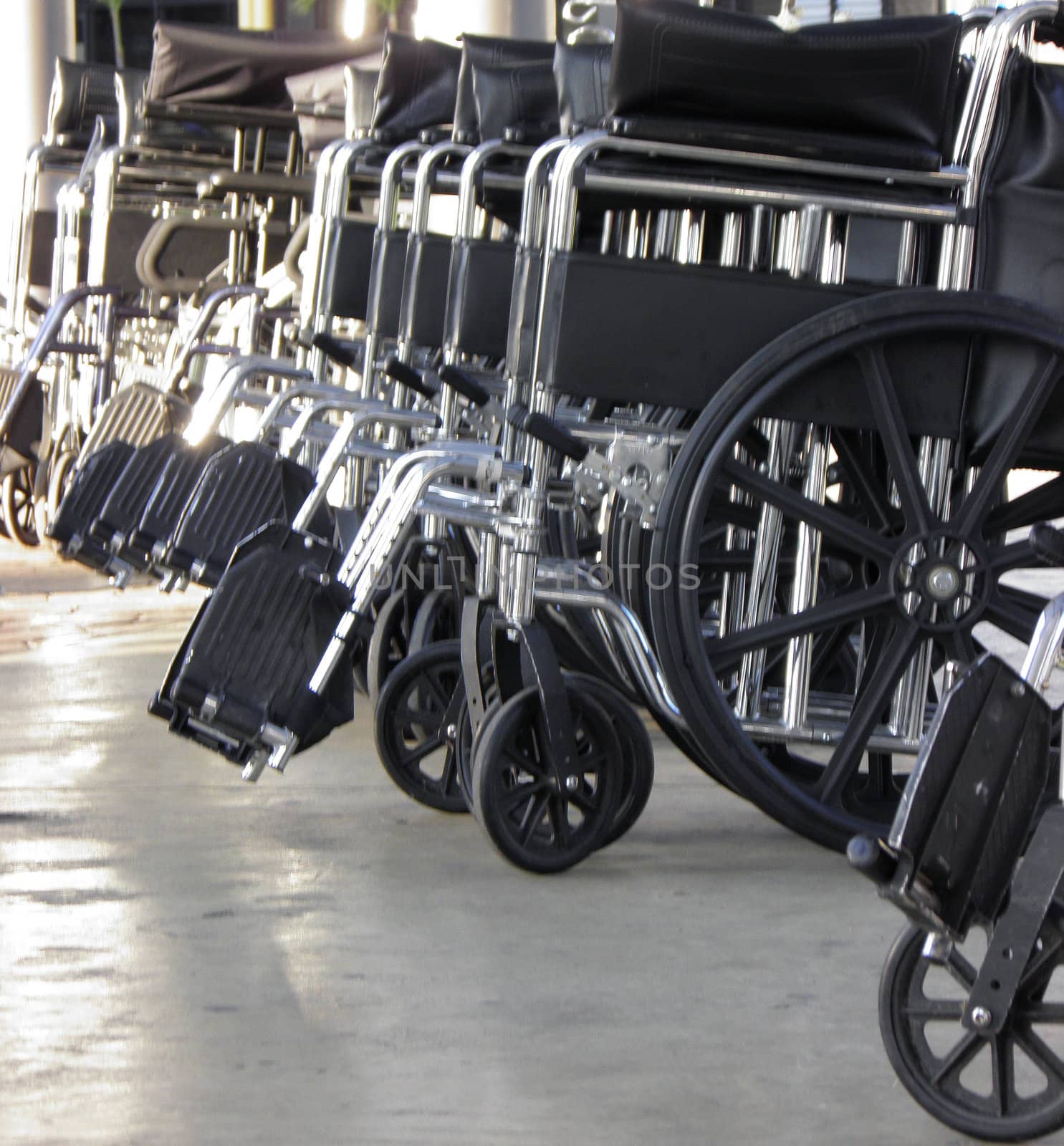 Sunrise in the hospital with wheelchairs waiting for patients