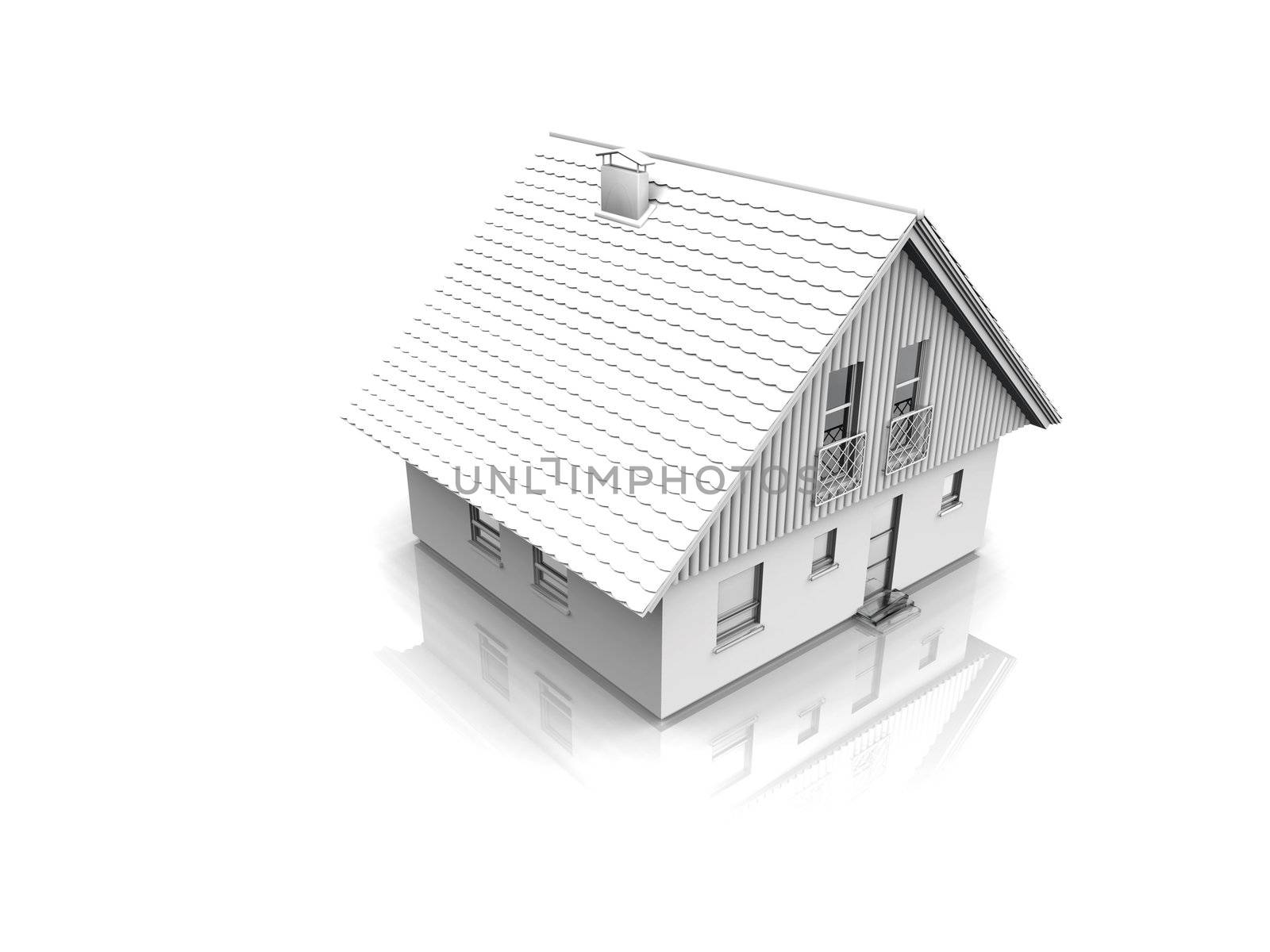 exterior of house in the light tones reflected in a white background
