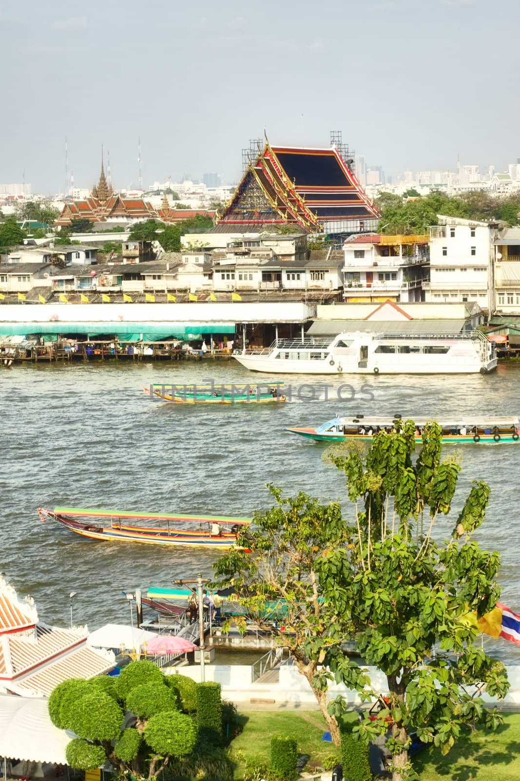 Wat Pho on river, Bangkok, Thailand, aerial view