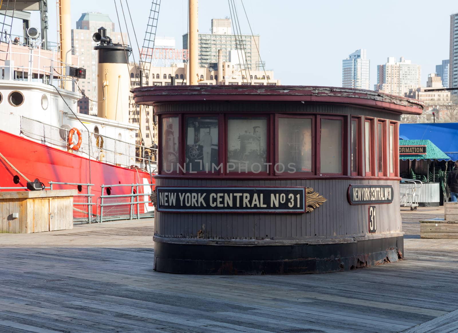 Old building on Pier 17 on river in Manhattan NYC