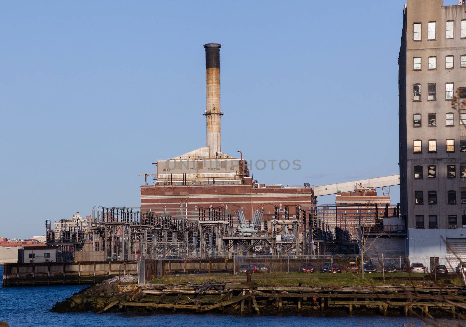 Power station on banks of Hudson river in New York