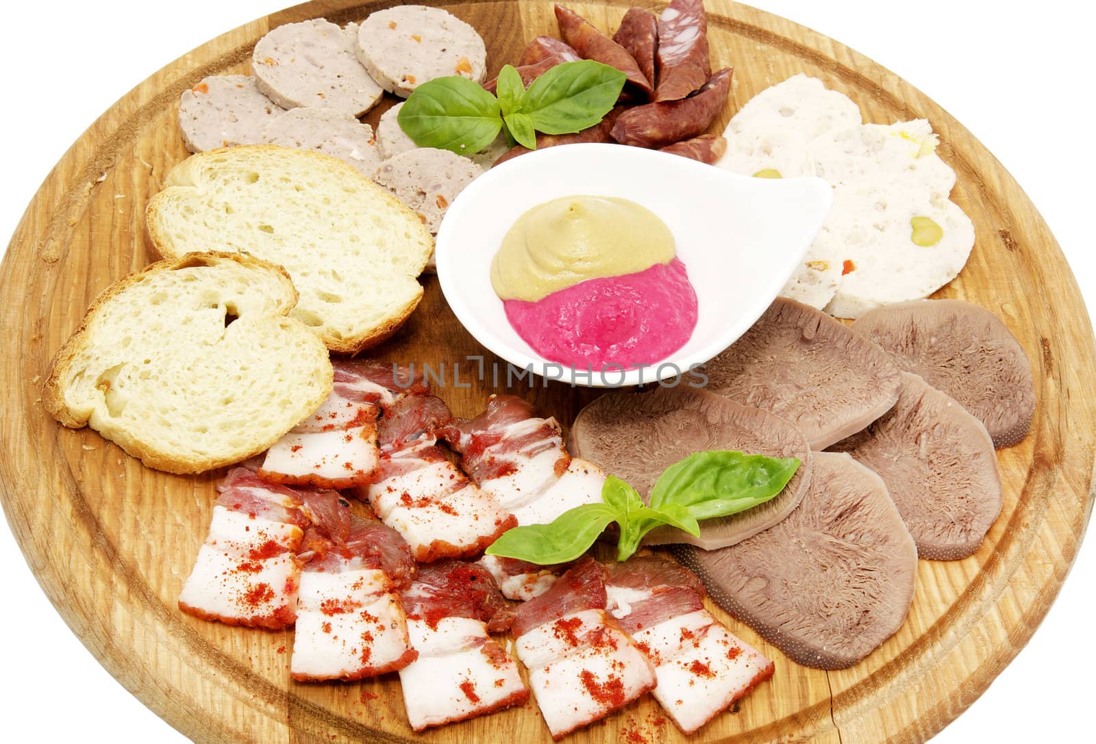 wooden dish with bacon and sausage on a white background