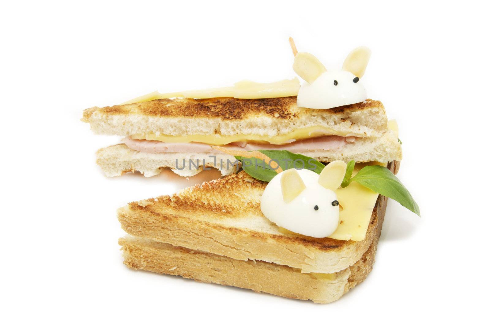 toast with cheese decorated with white mice of quail eggs