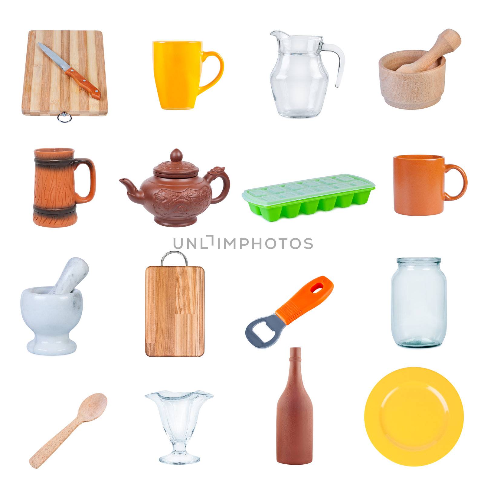 Kitchen utensils and tableware.