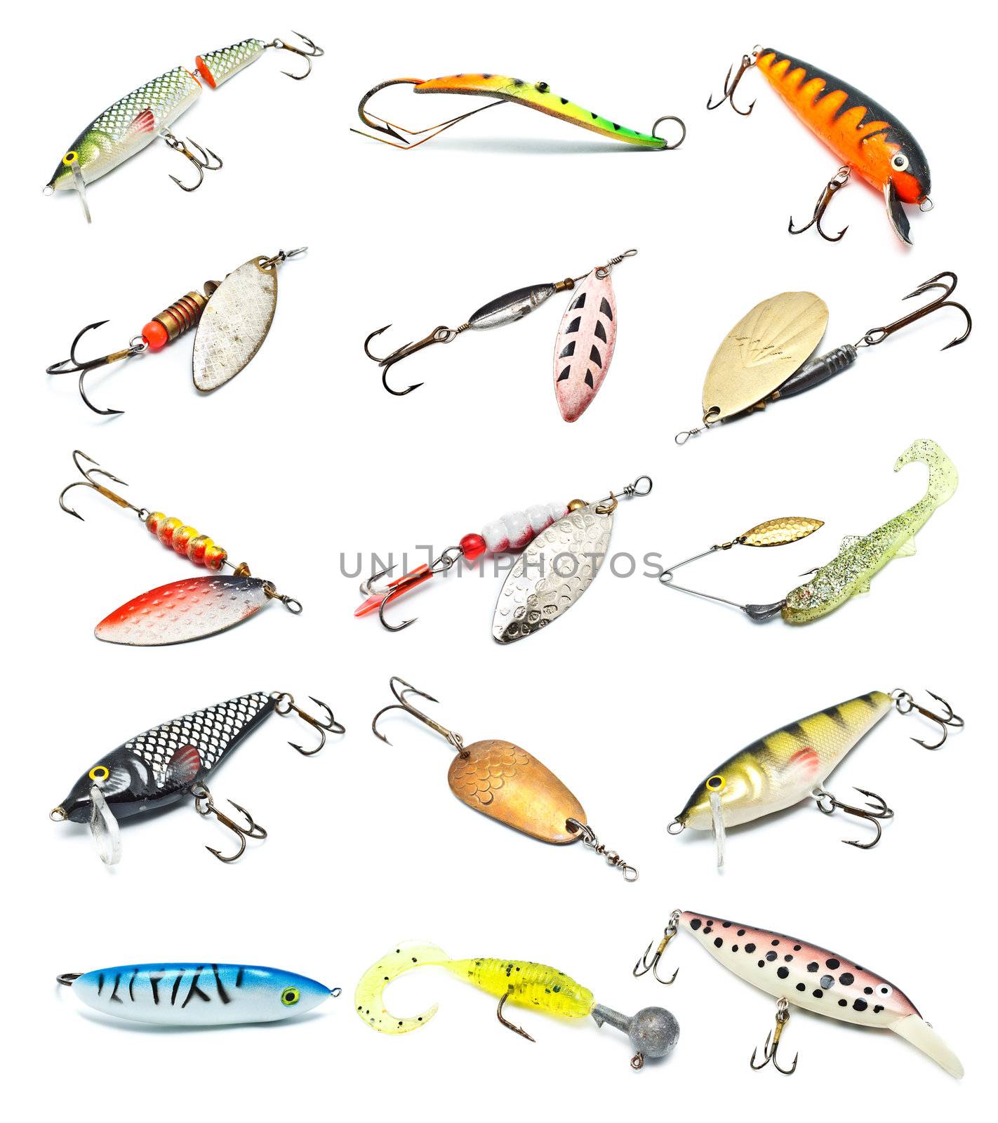 different fishing baits isolated on white background