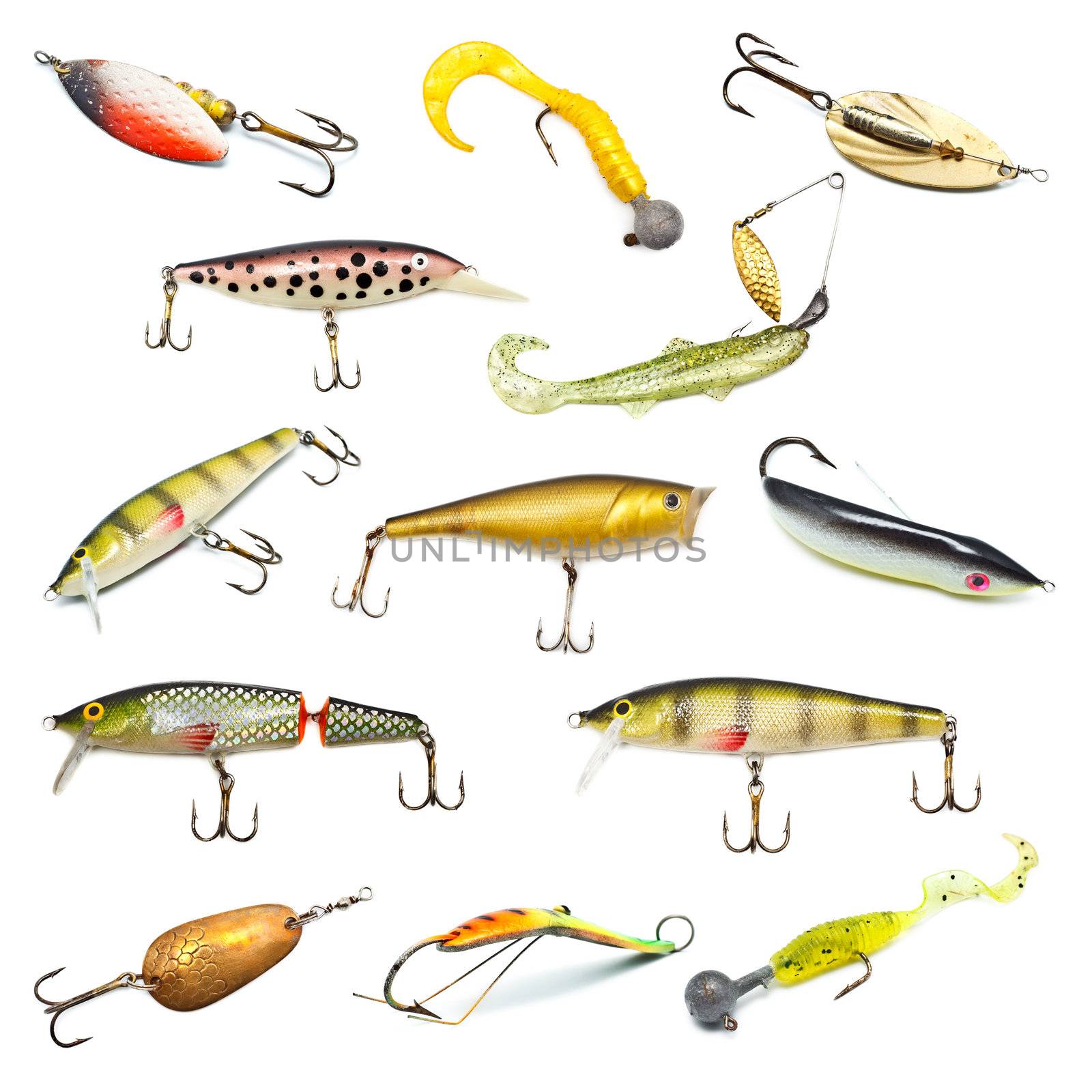 different fishing baits isolated on white background