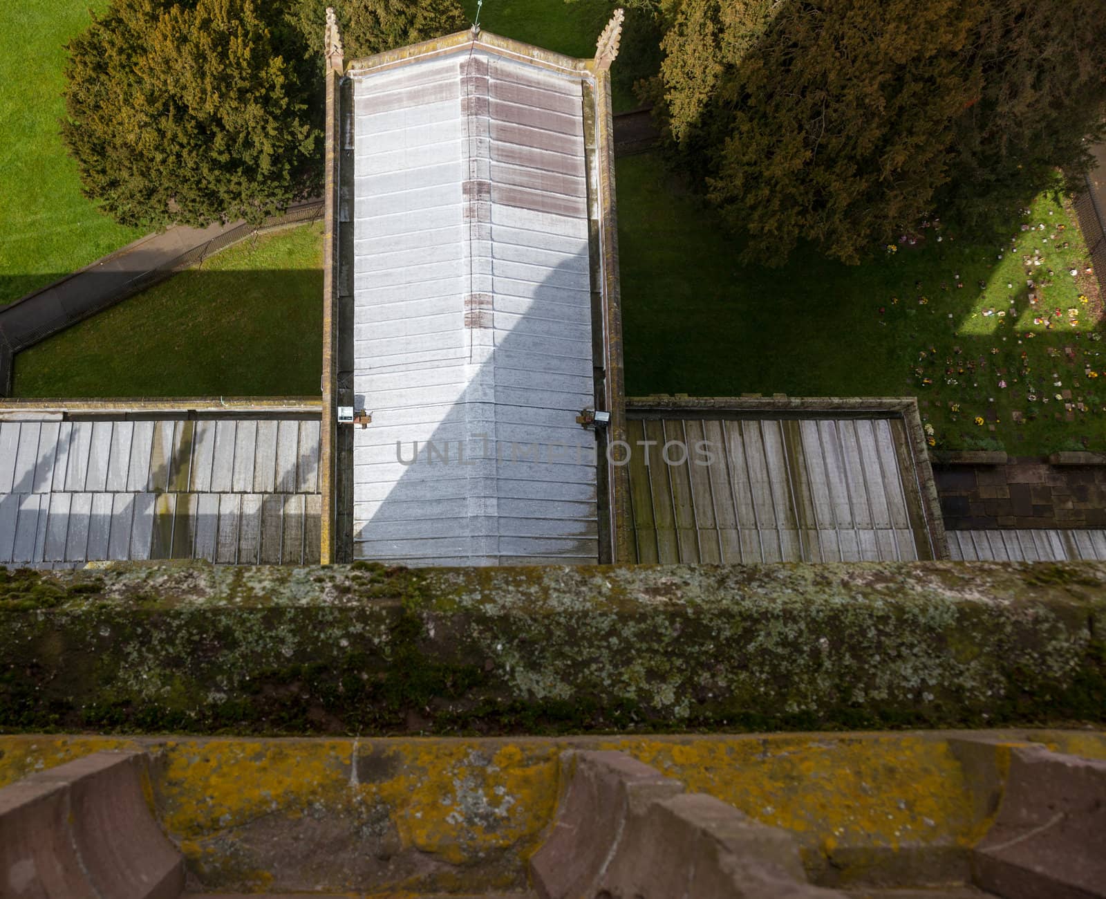 Roof of church and graveyard taken from roof of tower of parish church of St Laurence in Ludlow