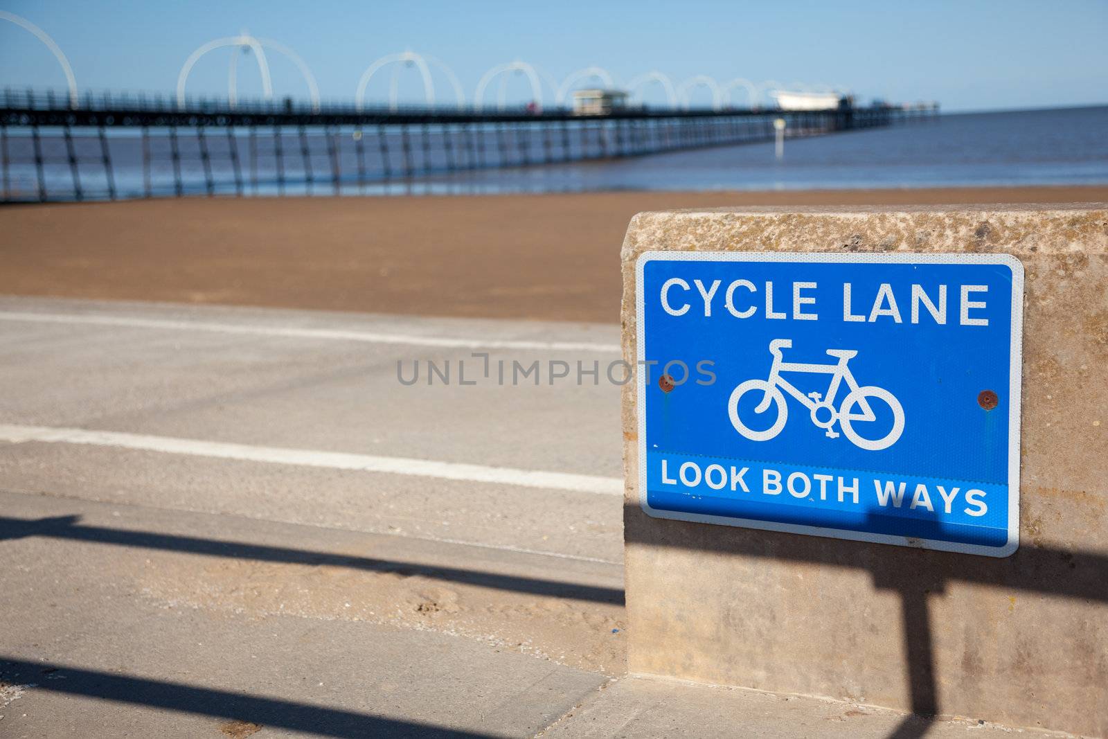 Cycle lane sign on the promenade in Southport in England