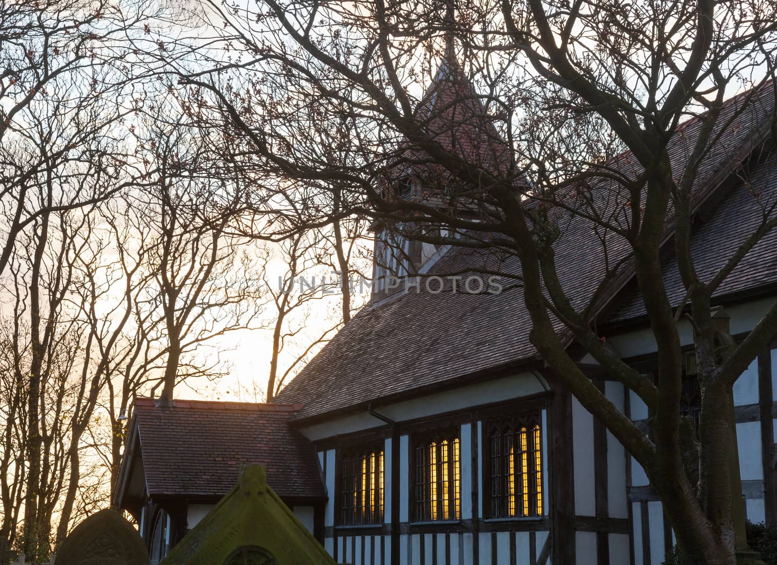 Graveyard and half timbered church of Great Altcar near Southport in England