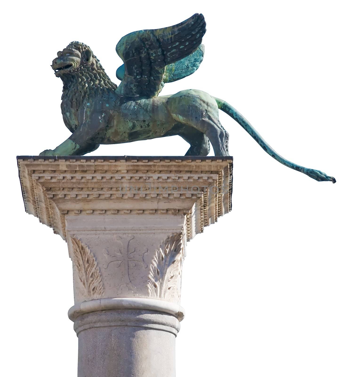 The winged lion - the symbol of Venice. The sculpture on the square of St. Mark in Venice. The isolated image.