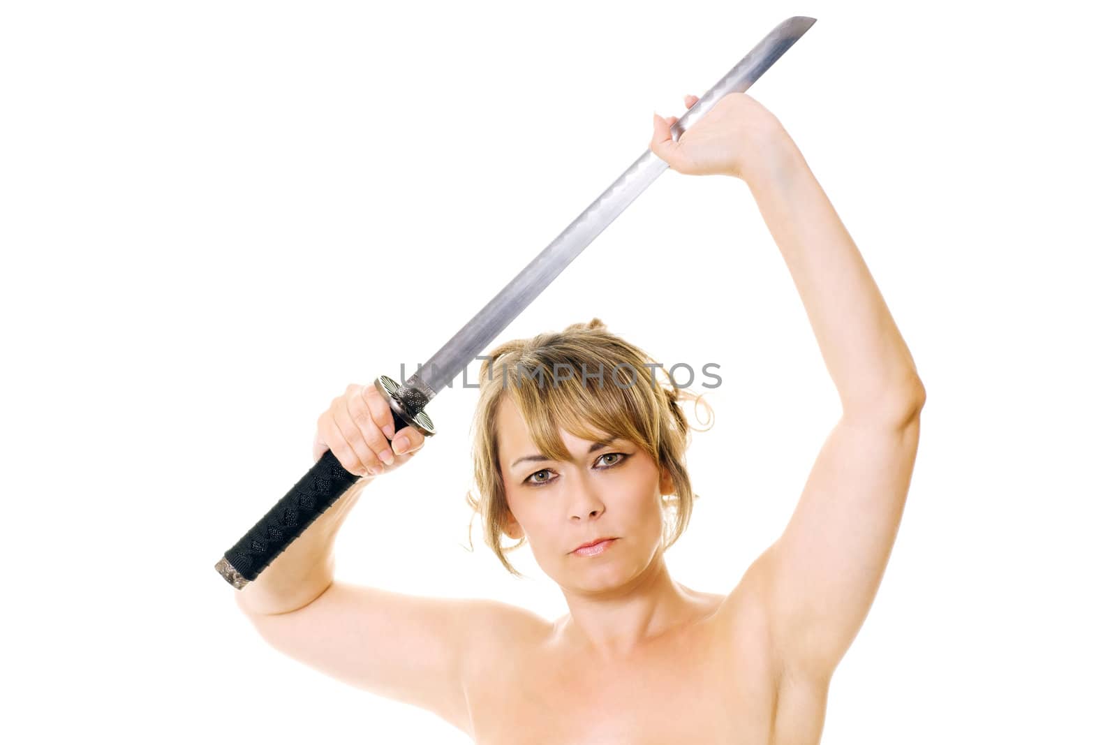 woman holding a samurai sword overhead isolated on white