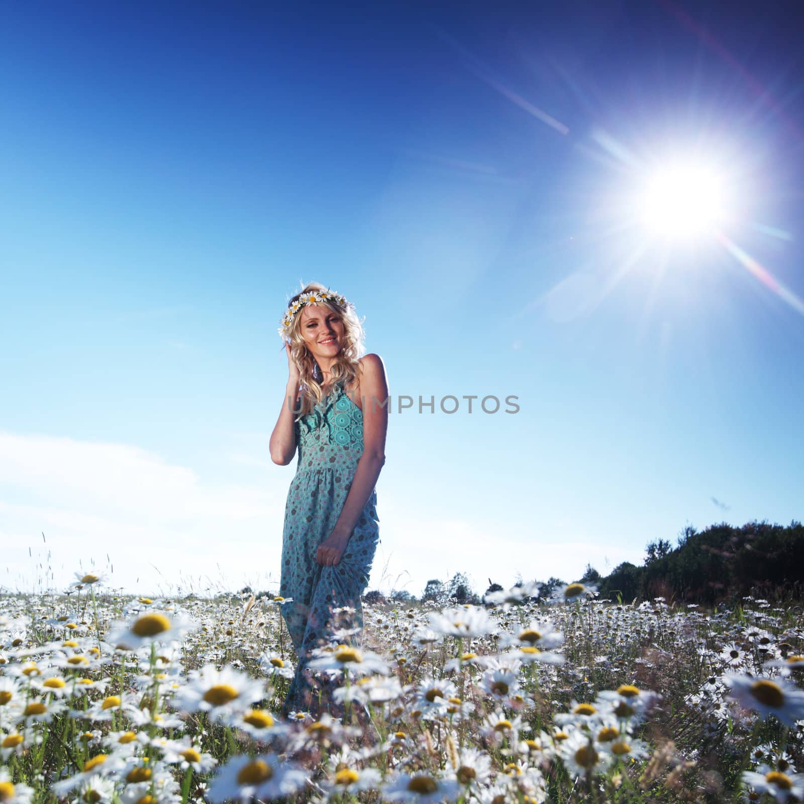 girl in dress on the daisy flowers field by Yellowj