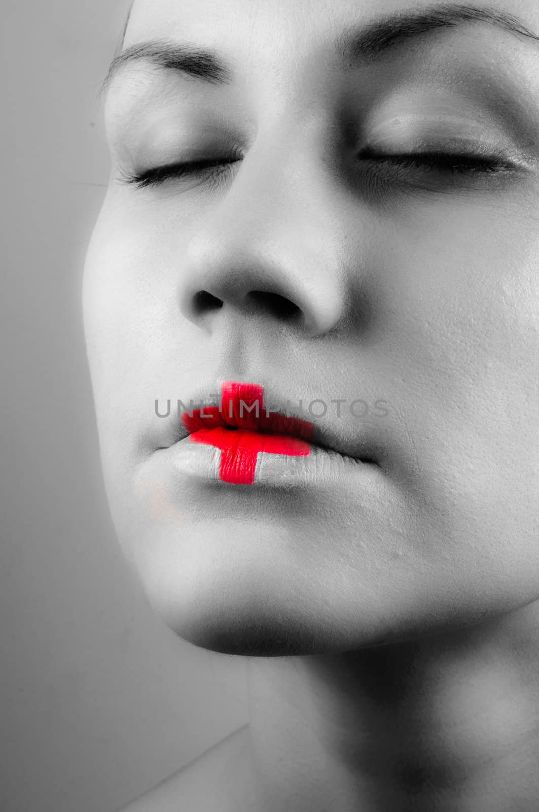 Black and white ohoto of a girl with medical lipstick by svedoliver