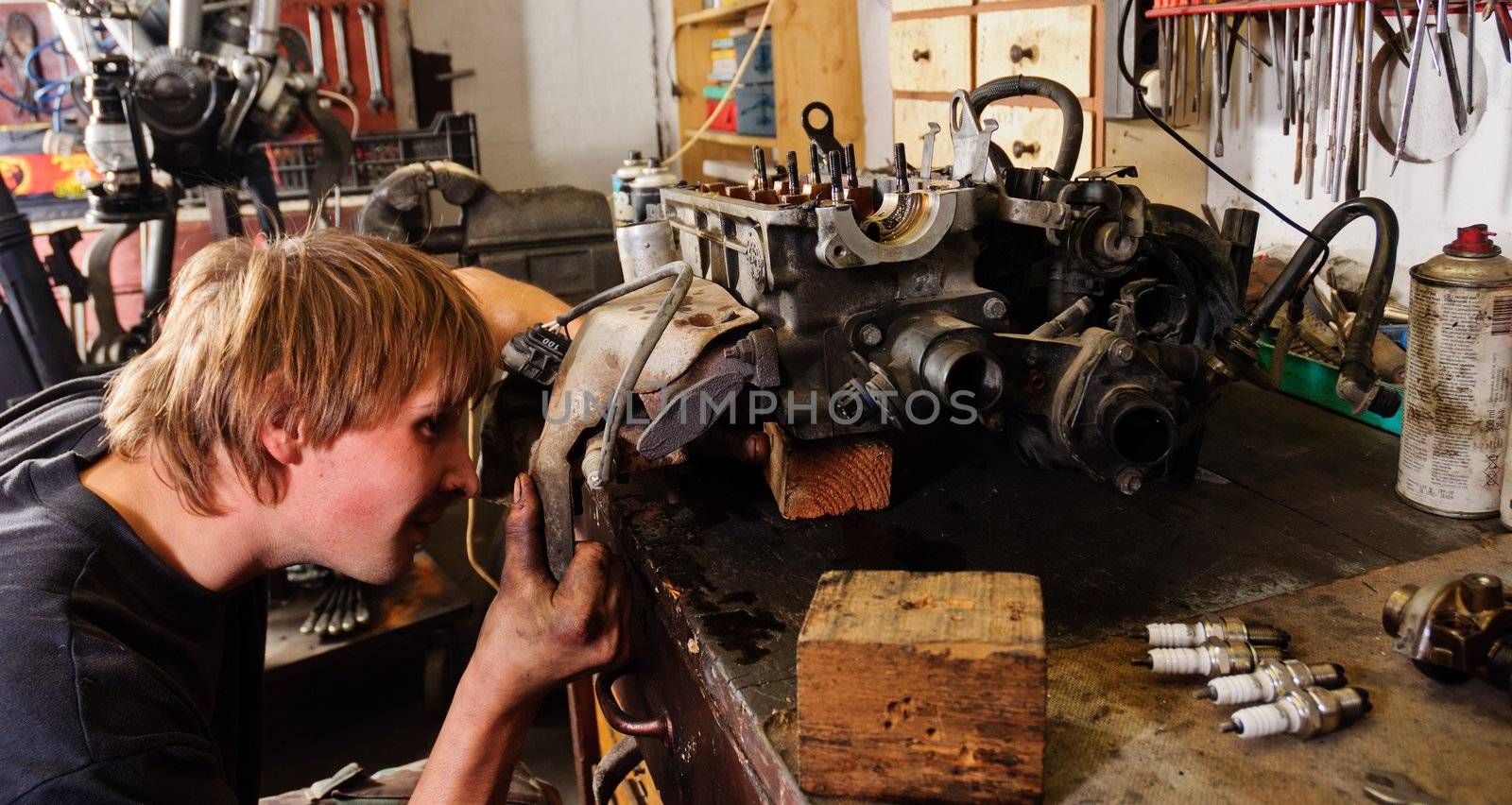 Worker Repairing car motor