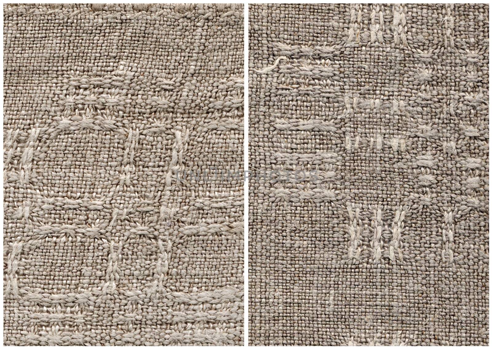 Texture old fabric, fragment of a homespun rural linen cloth on a dining table, handmade, 40 years of 20 centuries. Front and back side