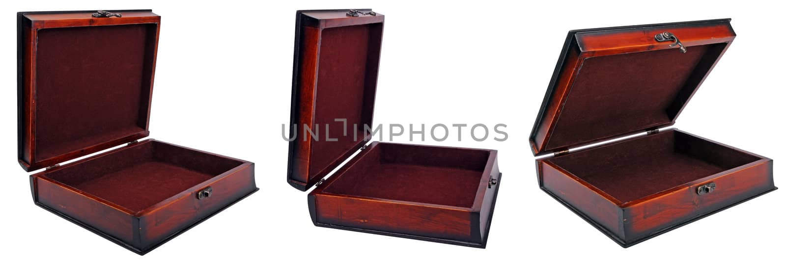 three positions dark brown box opened. isolated over white background