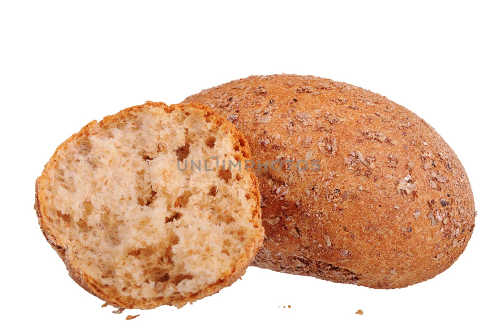 one and half buns with bran isolated on white background