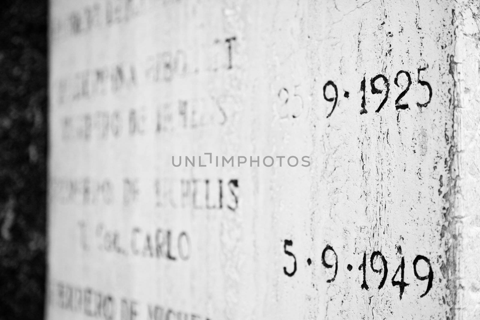 Old tombstone in Italian cemetery with birth and death dates