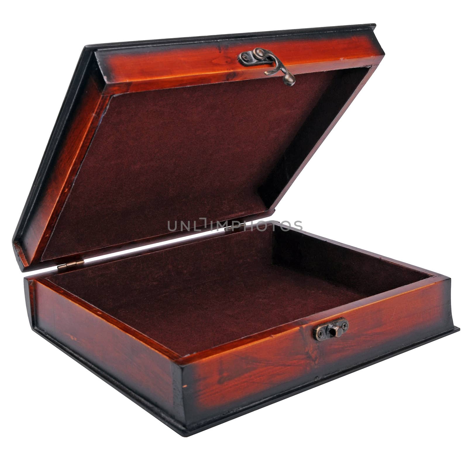 half opened dark brown box. isolated over white background