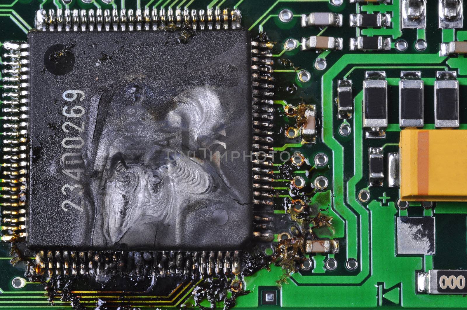 Close-up of a burnt circuit board