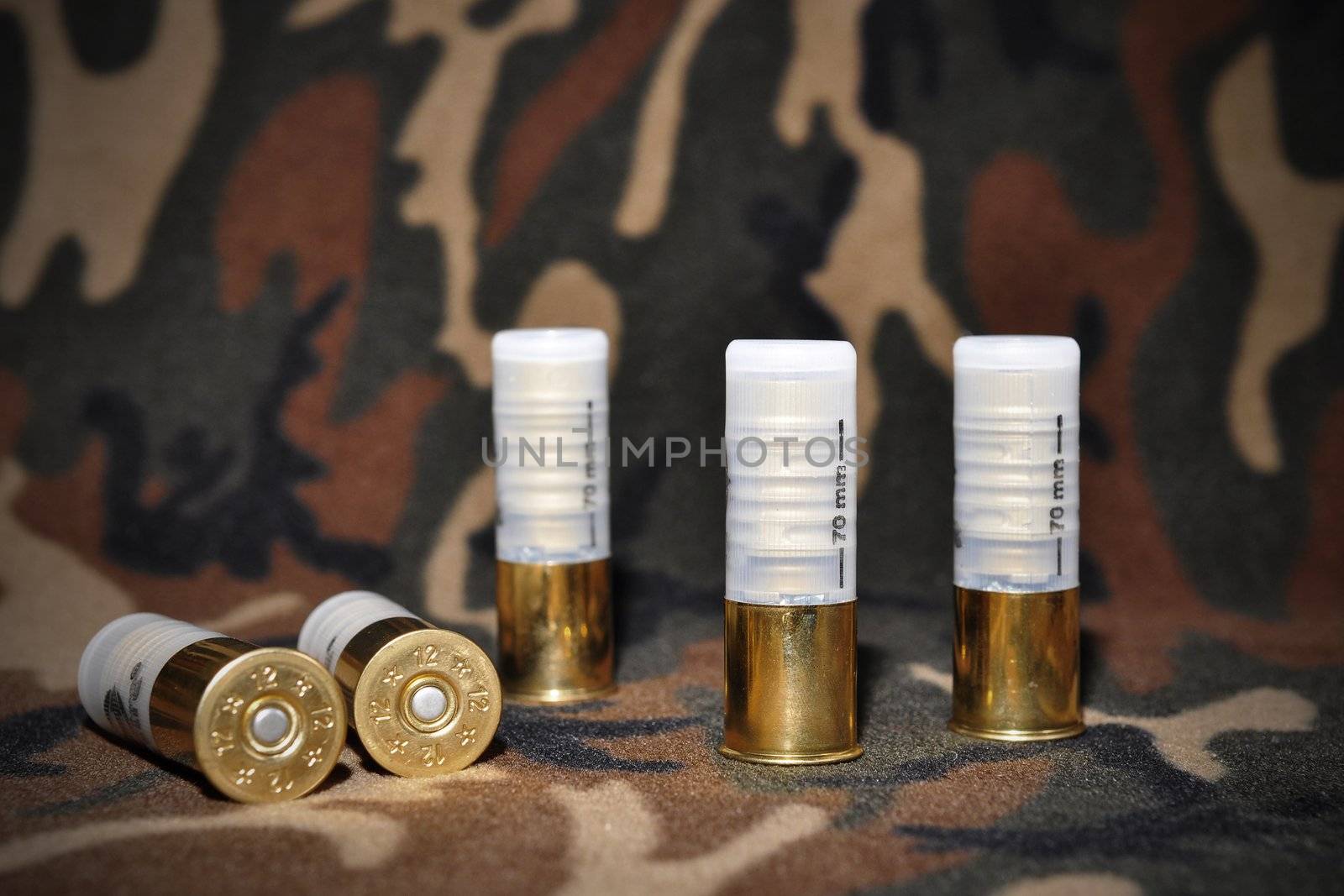 Shotgun shells, used for hunting, layed on a camouflage background