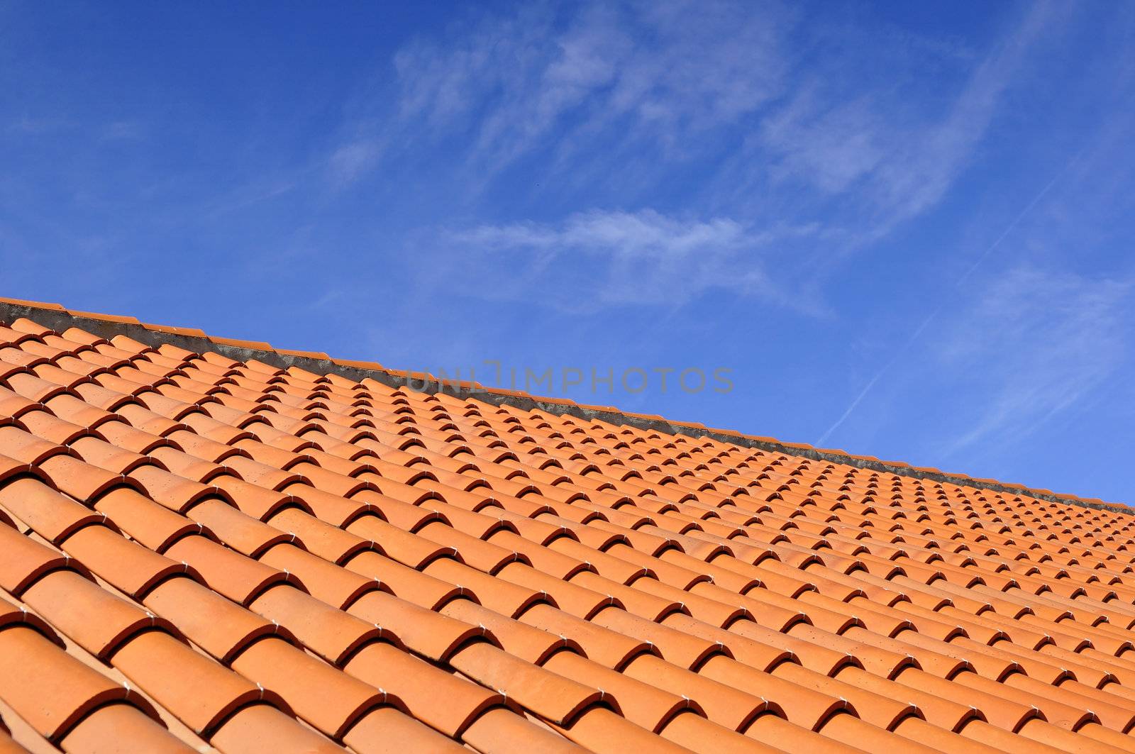 Orange roof tiles made from a ceramic material and the sky above