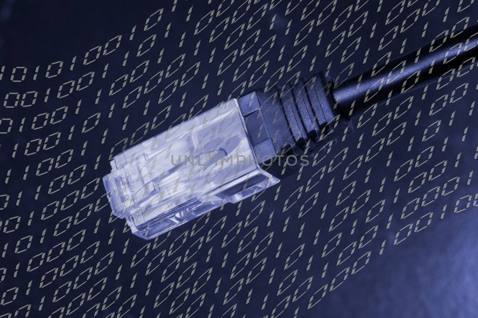 Lan cable, cable with RJ-45 jack closeup view with binary code in the background
