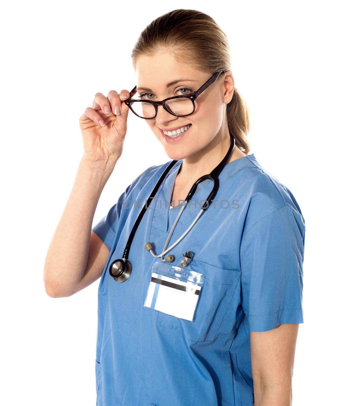 Portrait of happy smiling young female doctor isolated over white background