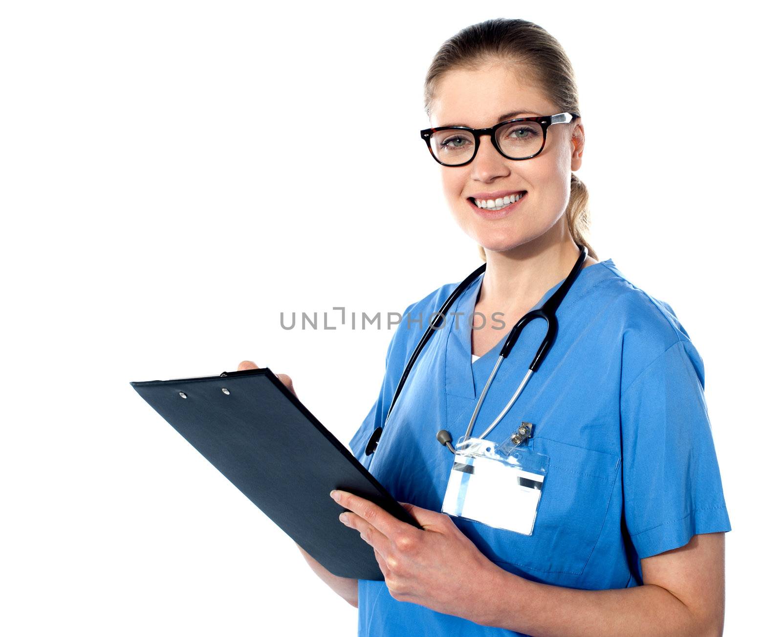 Friendly female doctor with a clipboard isolated over white