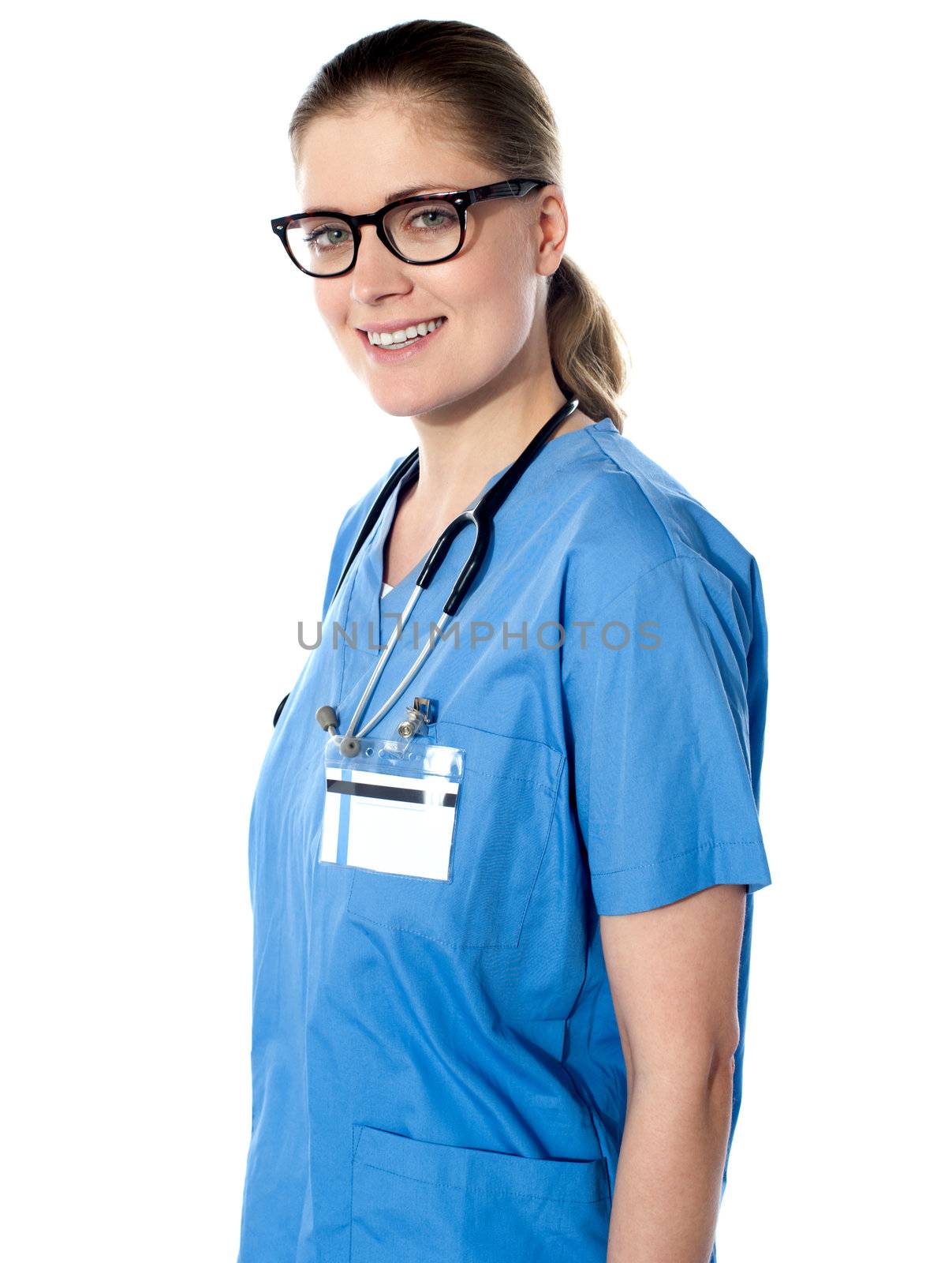 Image of an exprienced physician, stethoscope around her neck