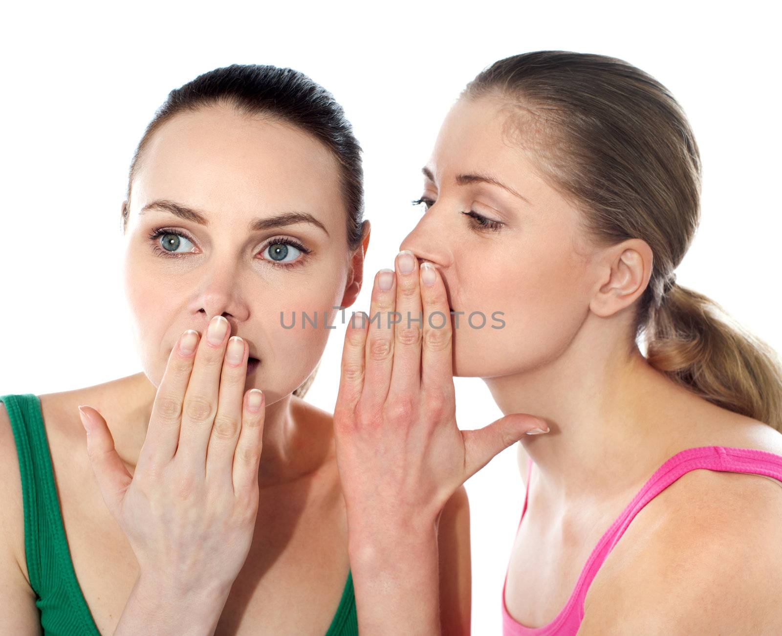 Two happy young girlfriends talking by stockyimages