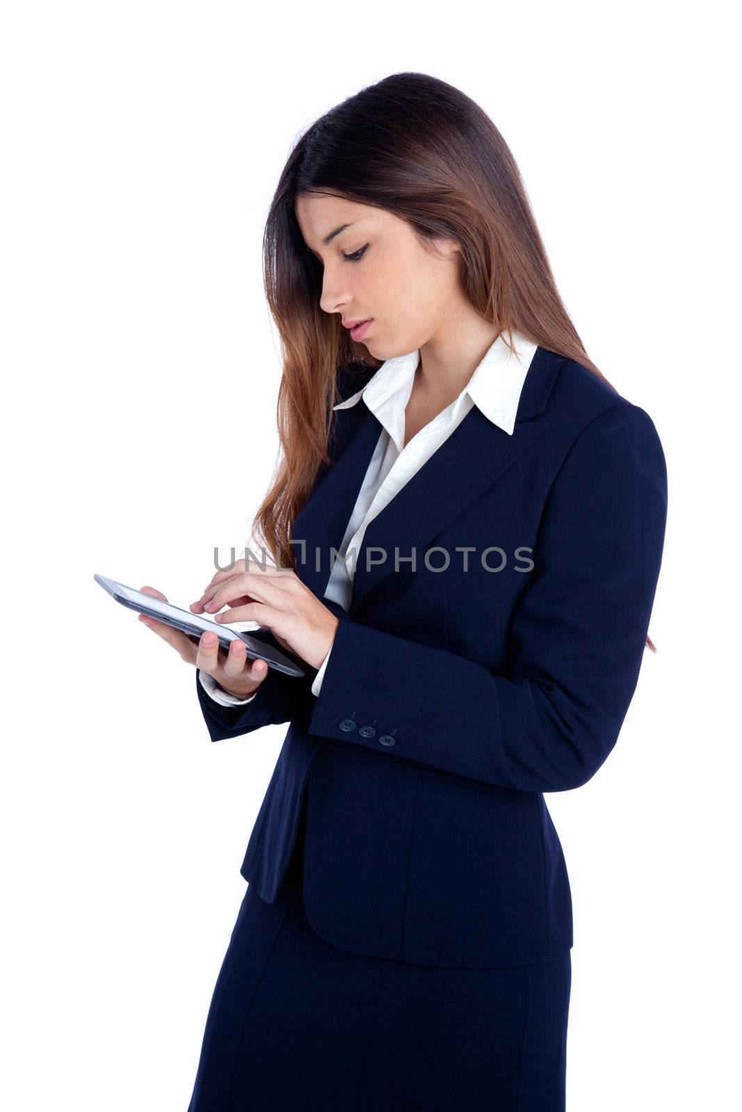 brunette business woman reading ebook tablet pc notebook and blue suit on white