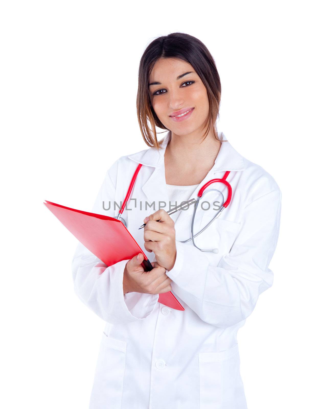 brunette asian indian doctor woman writting in red folder and stethoscope