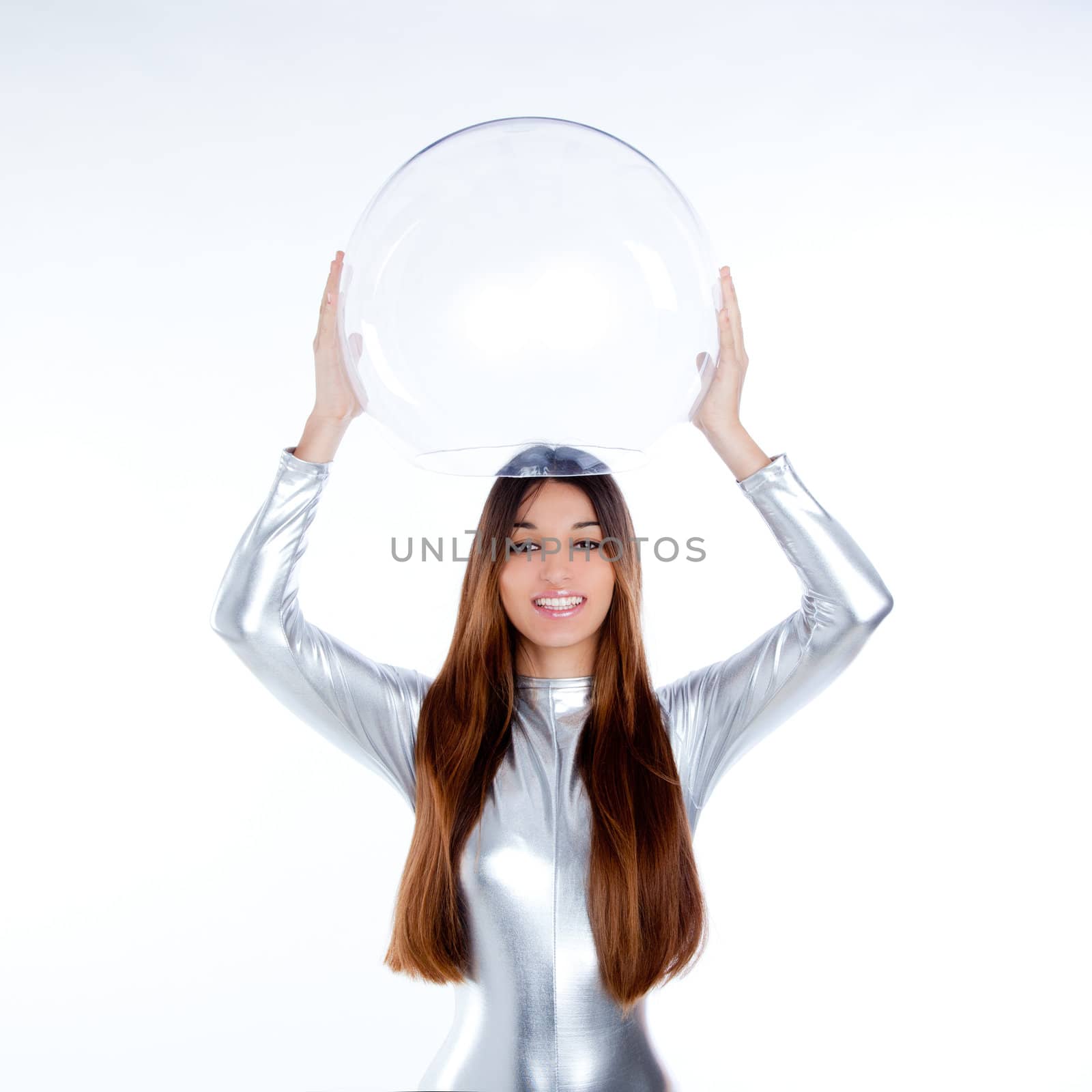 brunette futuristic silver woman holding sphere glass helmet