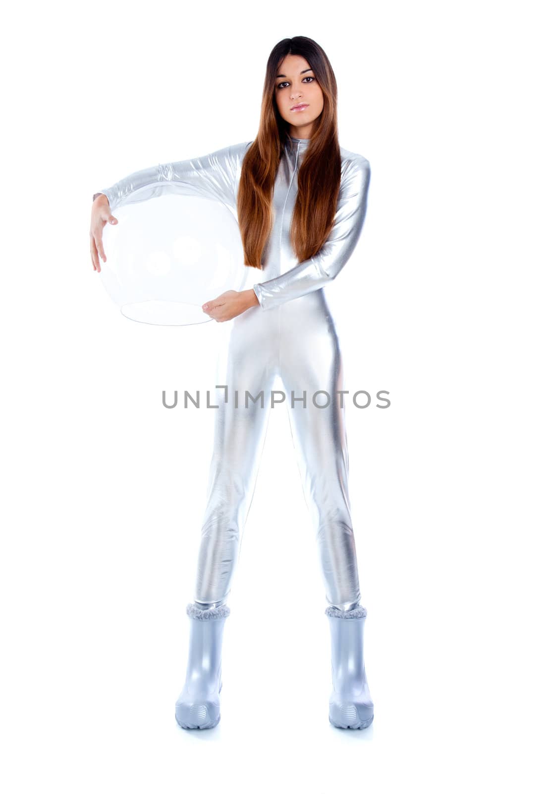 futuristic silver woman full legth holding sphere glass helmet