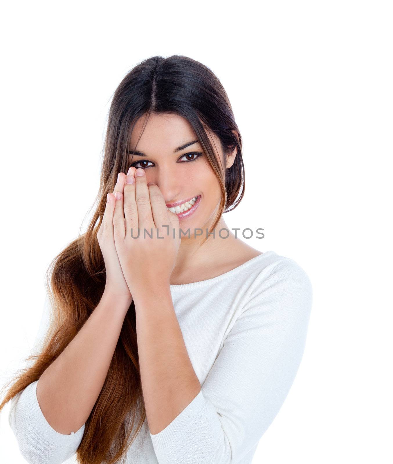 Asian indian shy brunette girl similing portrait with hands in face