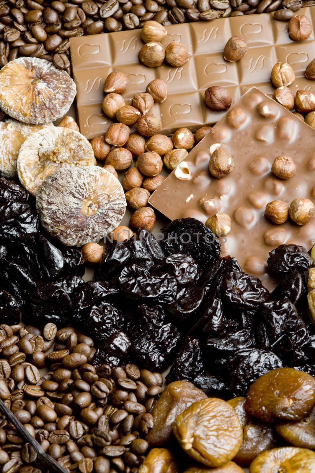 dried fruit with chocolate and coffee beans