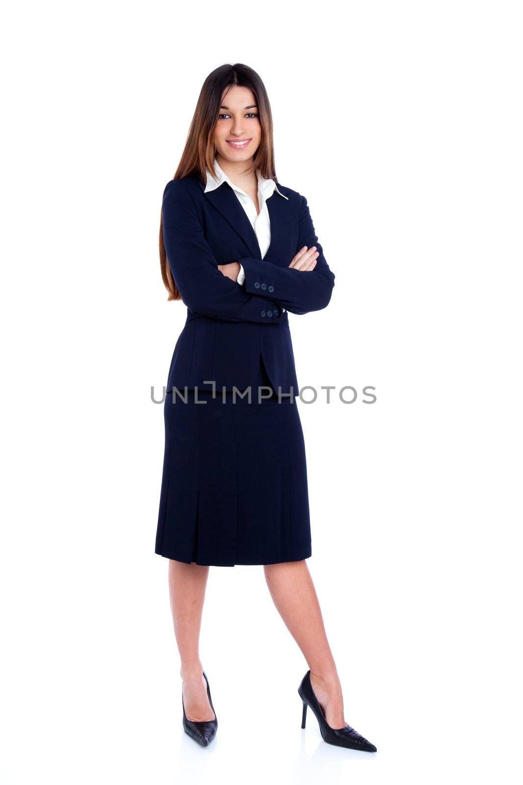 asian indian business woman full length with blue suit isolated on white