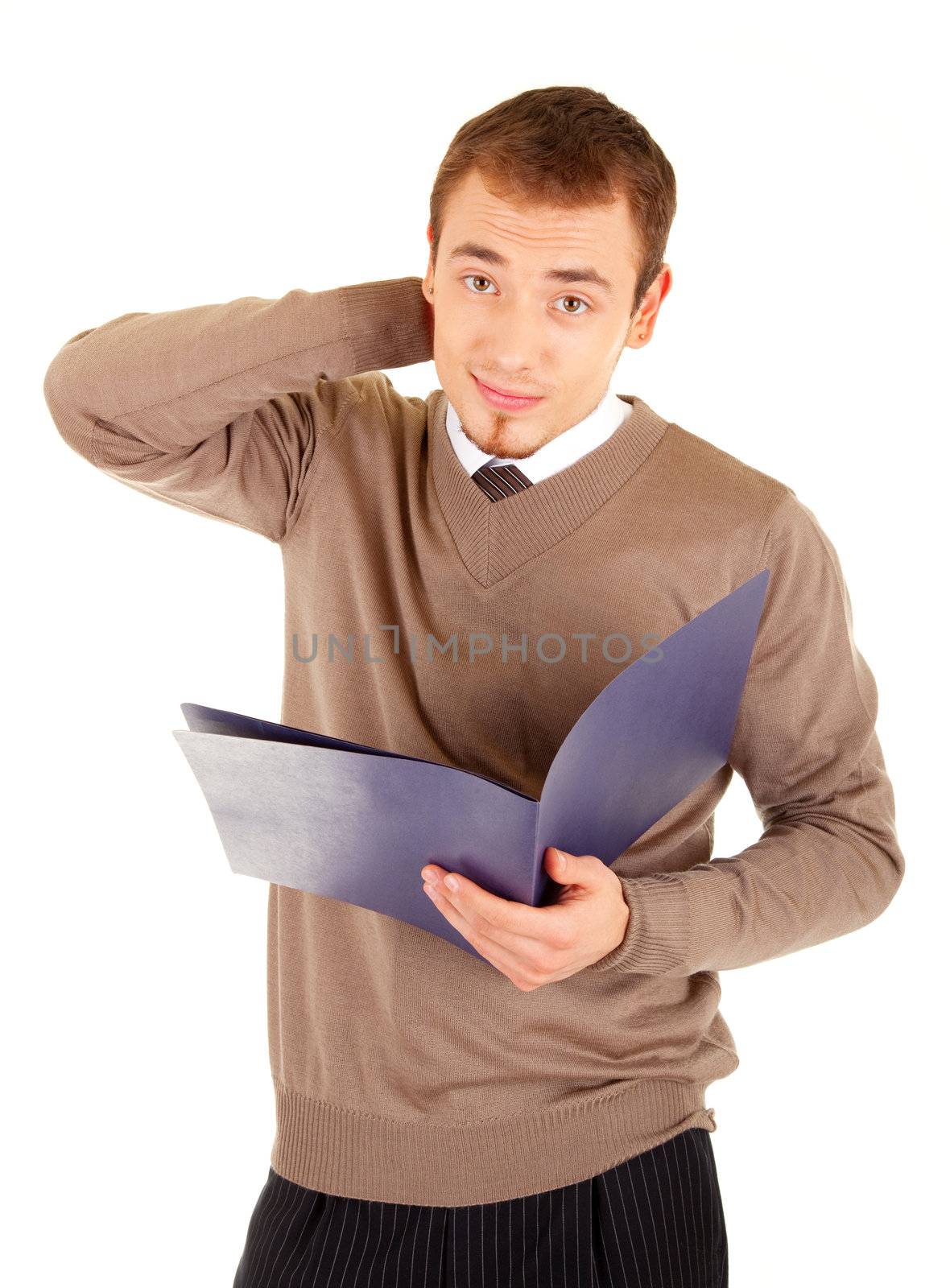 Young well-dressed perplexed man in formalwear is holding a open blue file for documents. Isolated on white background.
