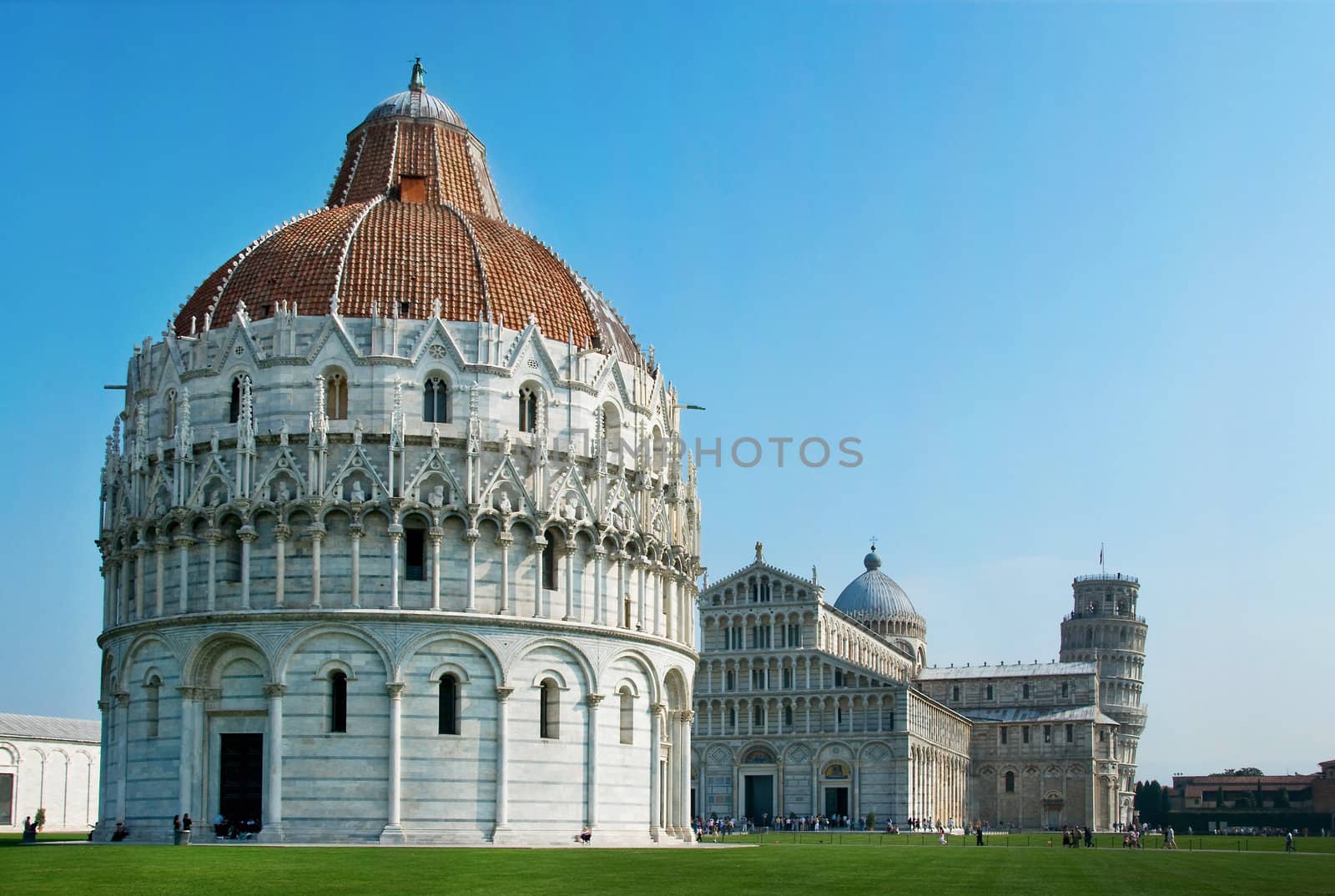 Baptistry, Pisa, Italy, with the Cathedral and Leaning Tower. Square photo with the famous leaning tower of Pisa.