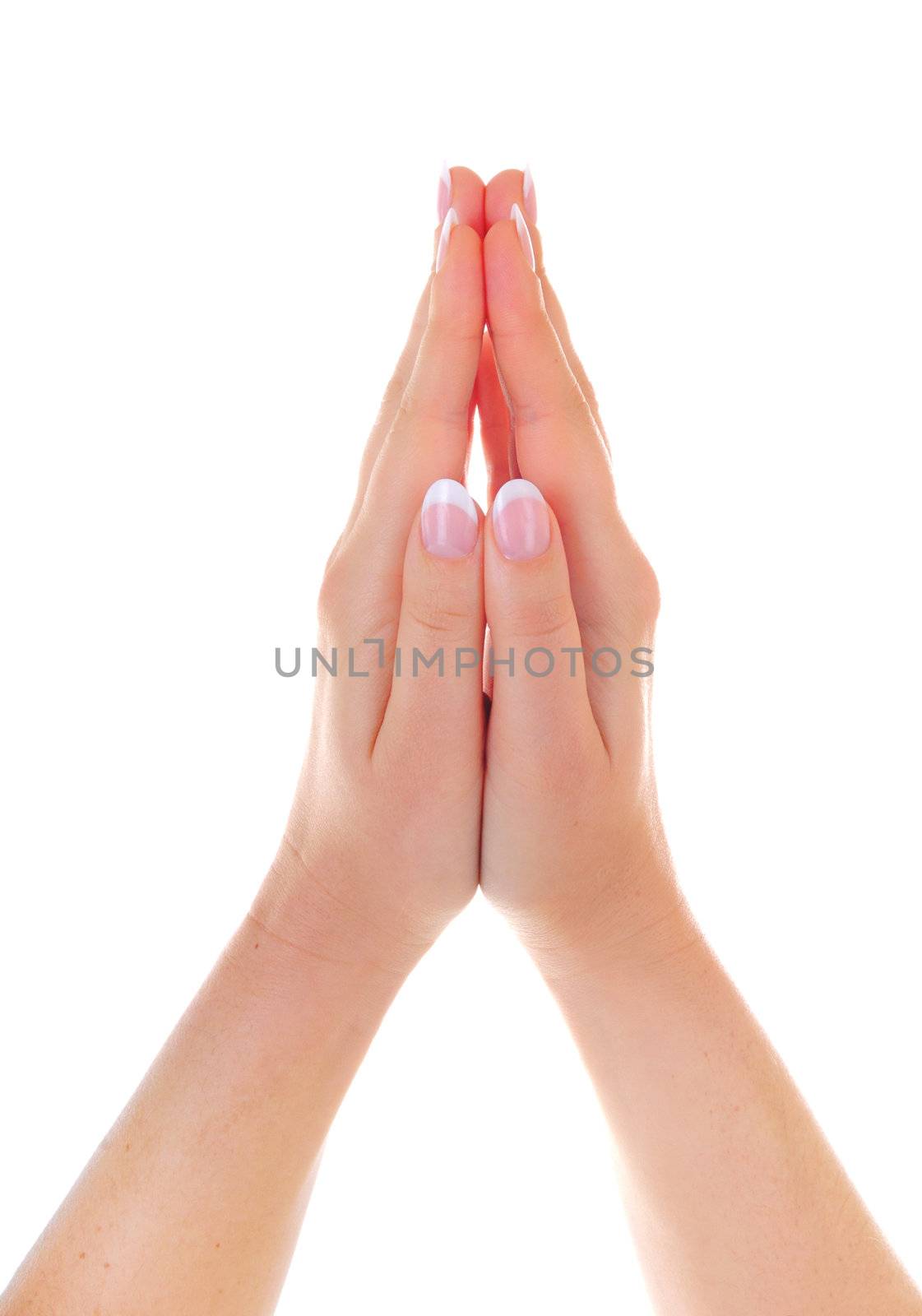 Female hands with french manicure isolated on white background