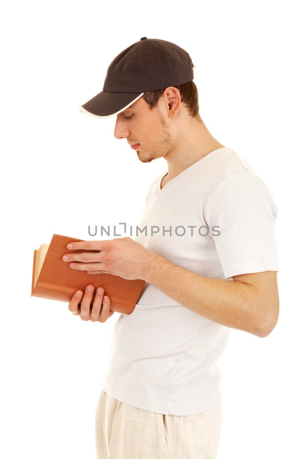 Young man is reading a book on white background