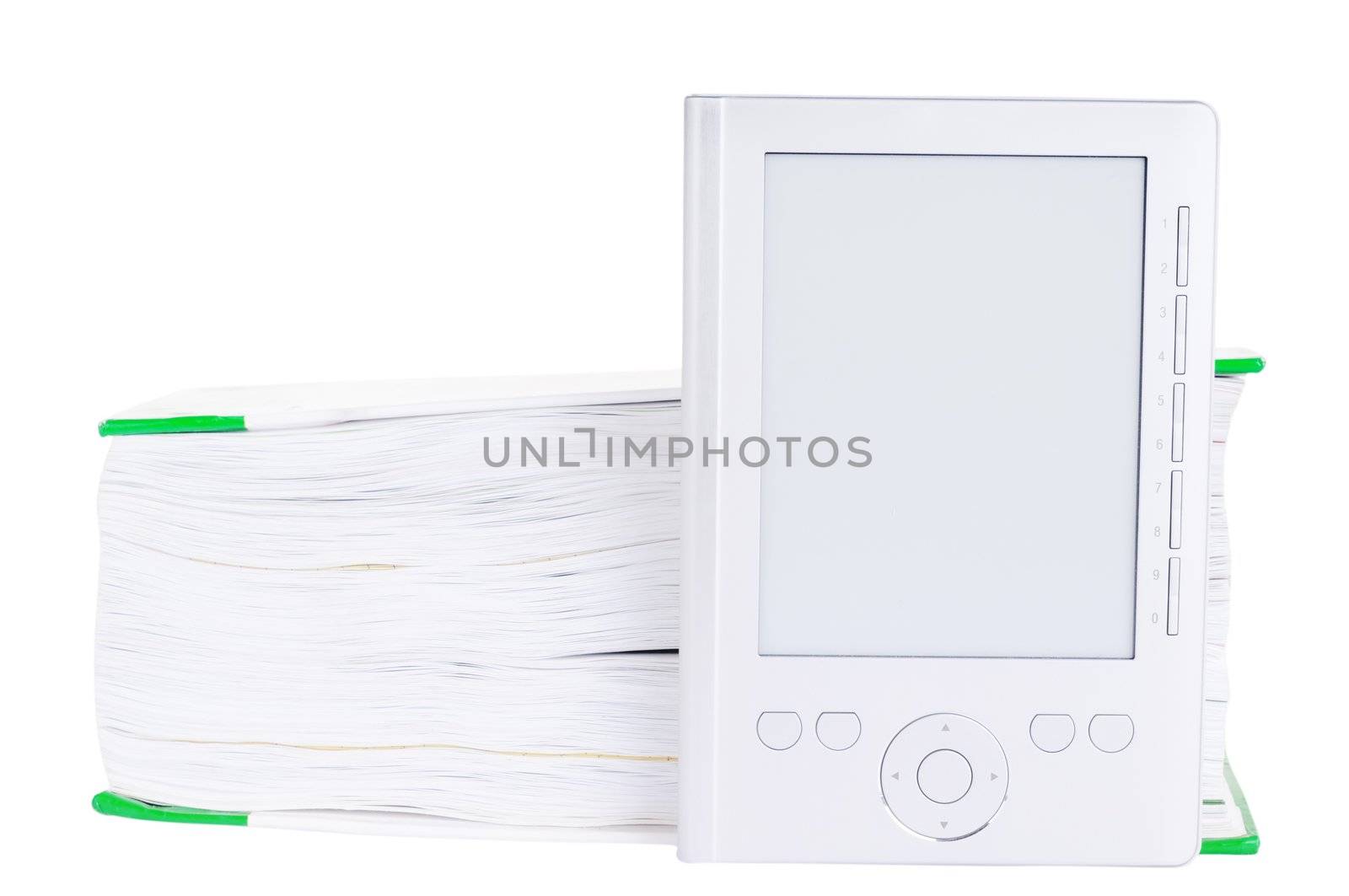 Grey electronic book and thick paper book isolated on white backgroung. Shallow DoF.